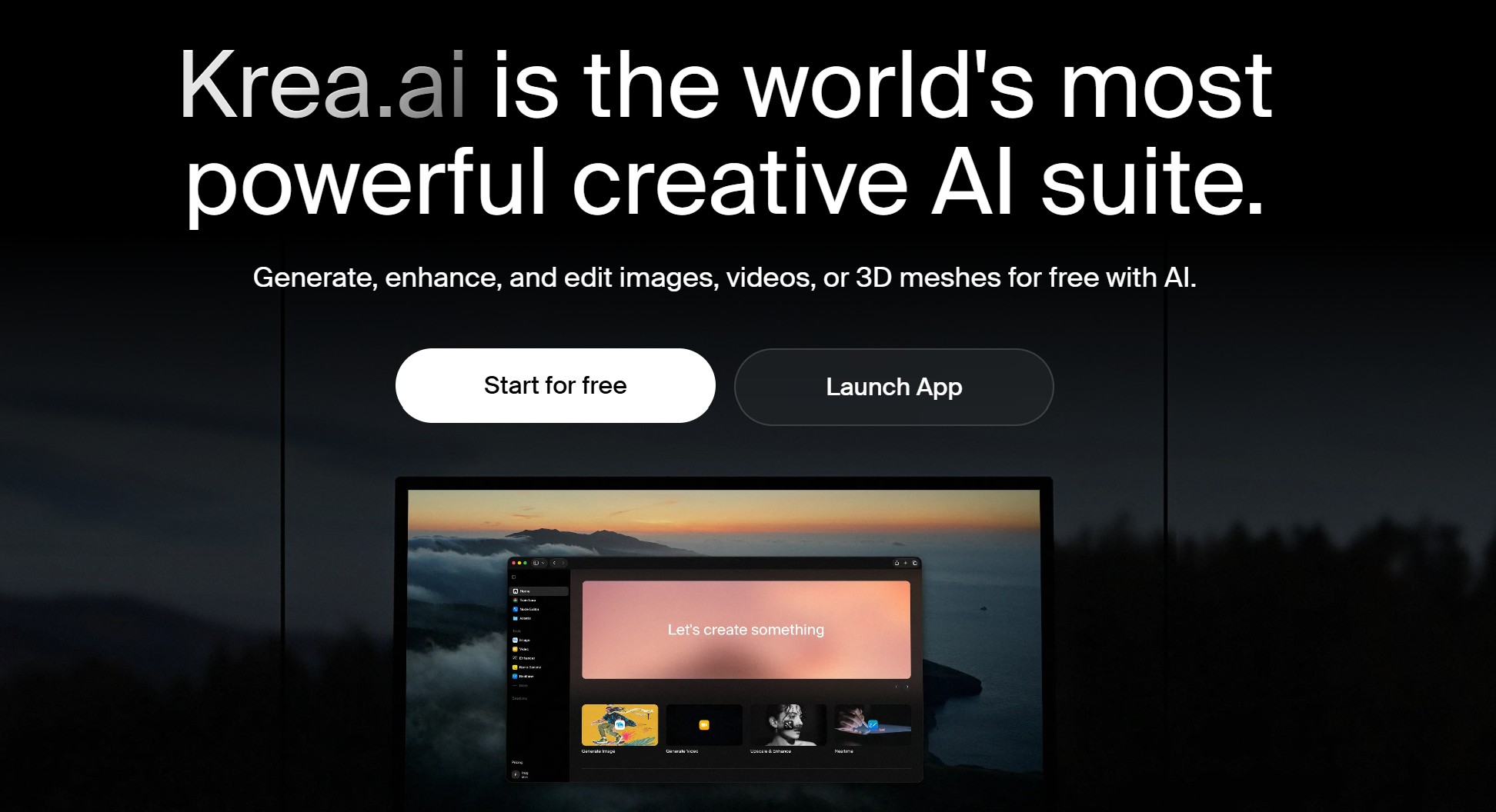 Página de bienvenida del sitio oficial de Krea AI