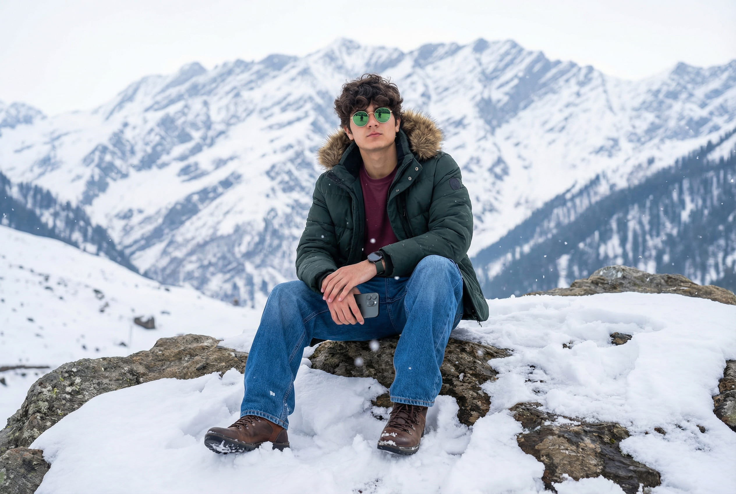 Full body portrait in snowy mountains