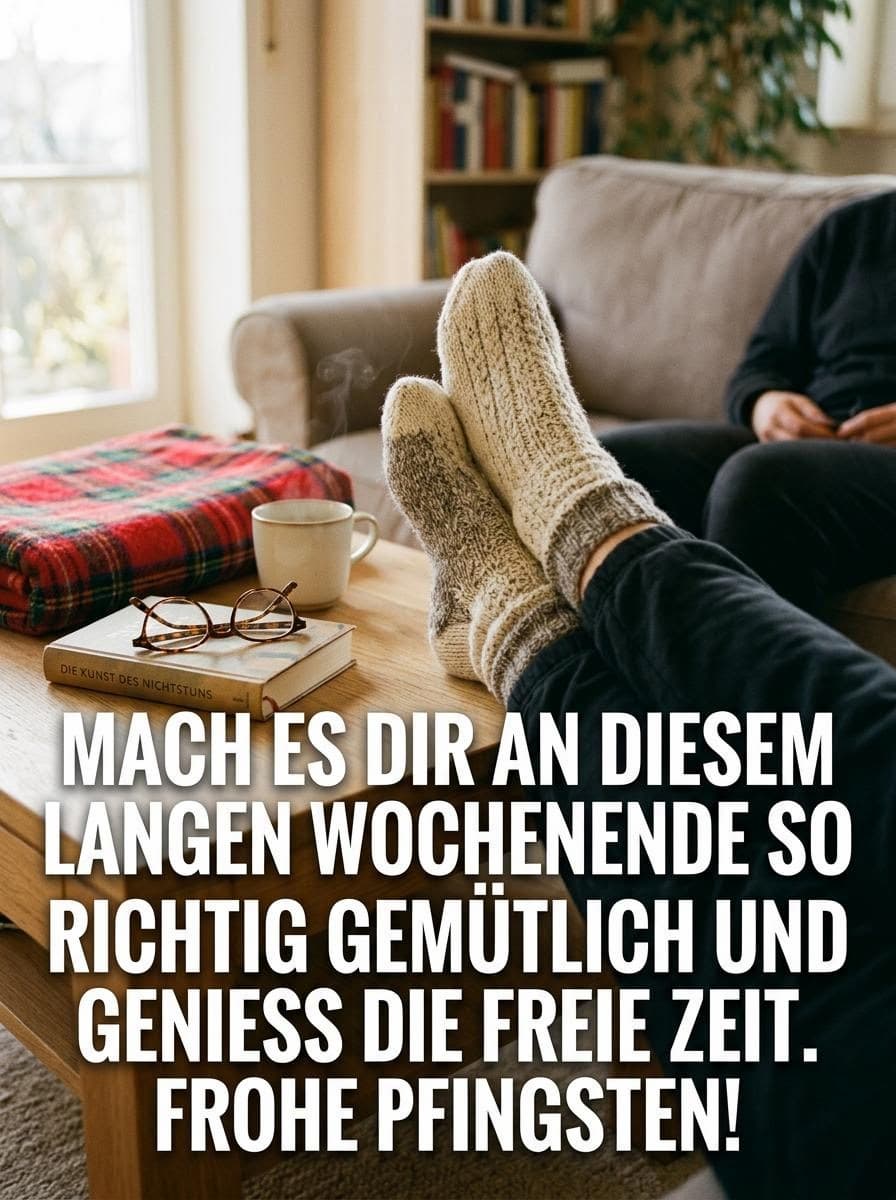 Eine gemütliche Wohnzimmerszene mit hochgelegten Füßen in Wollsocken auf dem Kaffeetisch und einem riesigen, fetten weißen Textblock mit Pfingstgrüßen.