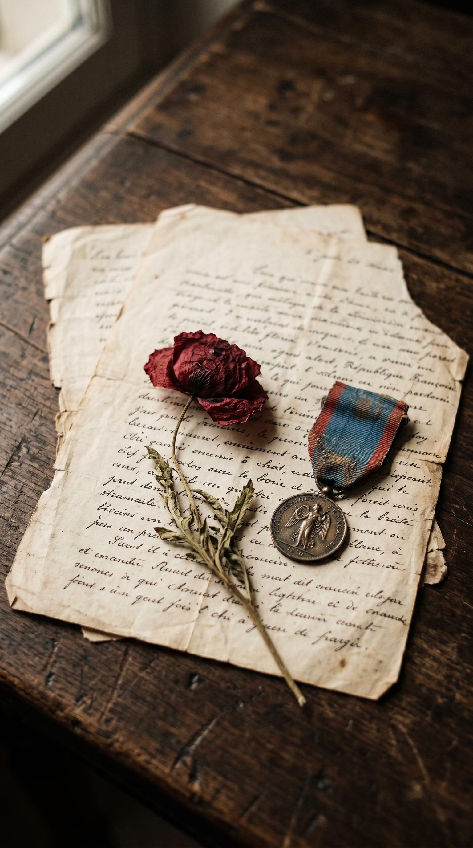 Vieille lettre avec coquelicot pour le 8 mai, générée par IA