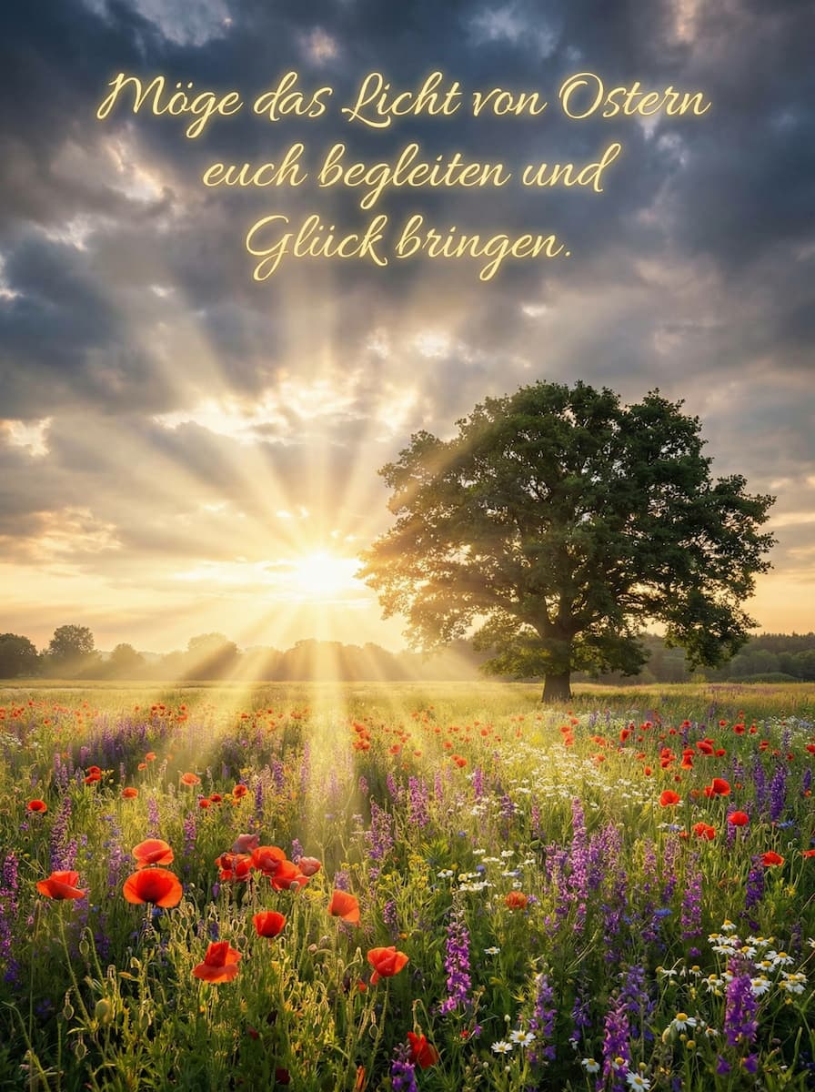 Eine blühende Frühlingswiese mit Mohnblumen, Lupinen und Gänseblümchen unter einem dramatischen Himmel. Sonnenstrahlen brechen durch die Wolken und beleuchten die Szene. Der Text Möge das Licht von Ostern euch begleiten und Glück bringen erscheint im Bild.