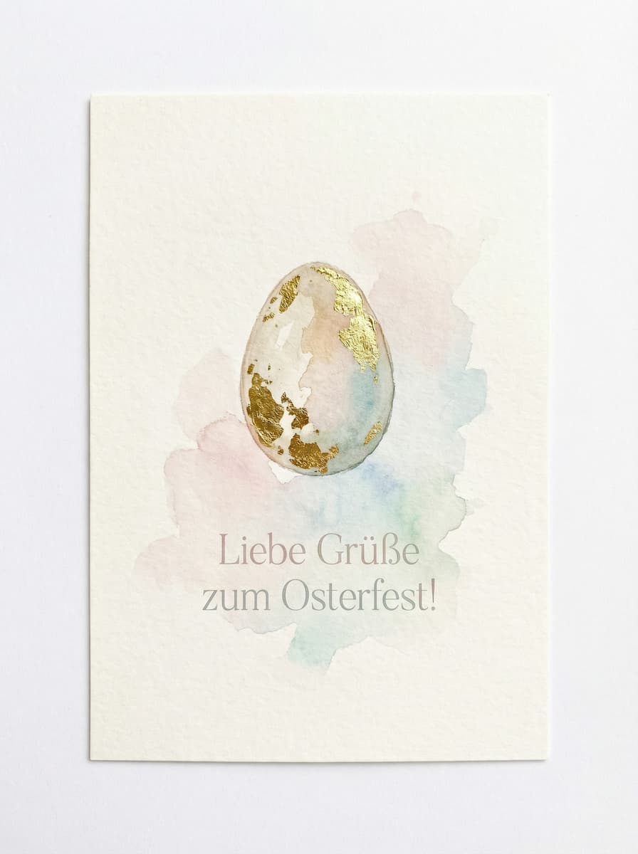 Minimalistisches Aquarell-Osterei mit Gold-Akzenten und dem Gruß Liebe Grüße zum Osterfest.