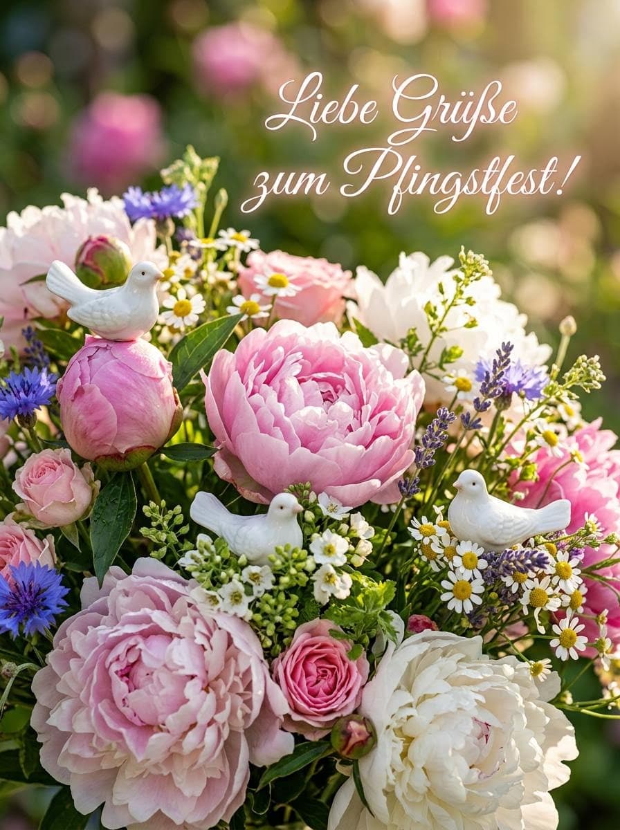 Ein farbenfroher Pfingstrosenstrauß mit kleinen weißen Deko-Tauben und der eleganten geschwungenen Schrift Liebe Grüße zum Pfingstfest.