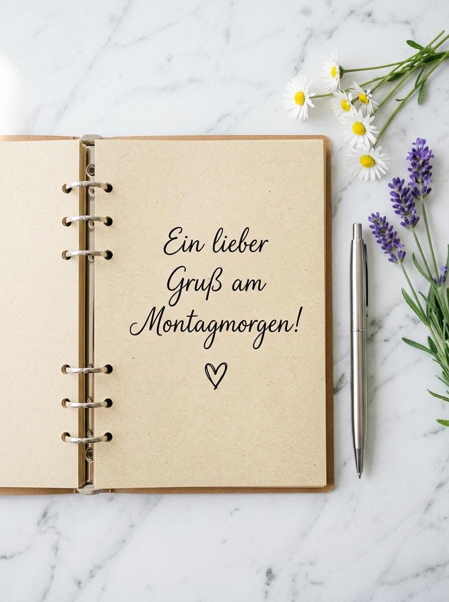 Draufsicht auf ein aufgeschlagenes Notizbuch mit braunem Kraftpapier auf einer weißen Marmoroberfläche. Daneben liegen ein silberner Kugelschreiber, weiße Gänseblümchen und lila Lavendelzweige. Auf der Seite steht in schwarzer Schreibschrift Ein lieber Gruß am Montagmorgen! mit einem kleinen Herz.