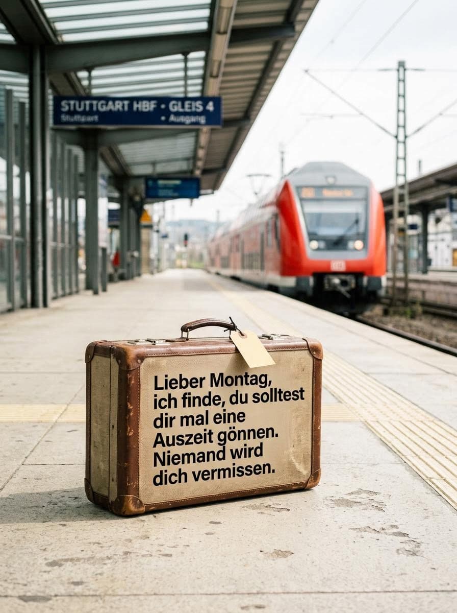 Ein alter Vintage-Koffer steht einsam auf dem Bahnsteig am Stuttgarter Hauptbahnhof vor einem einfahrenden roten Zug mit dem aufgedruckten Spruch Lieber Montag, ich finde, du solltest dir mal eine Auszeit gönnen. Niemand wird dich vermissen.