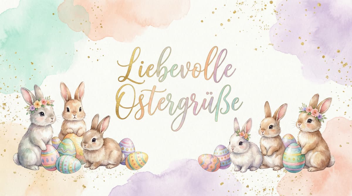 Aquarell-Ostergruß mit süßen Hasen, bunten Ostereiern und dem Schriftzug Liebevolle Ostergrüße