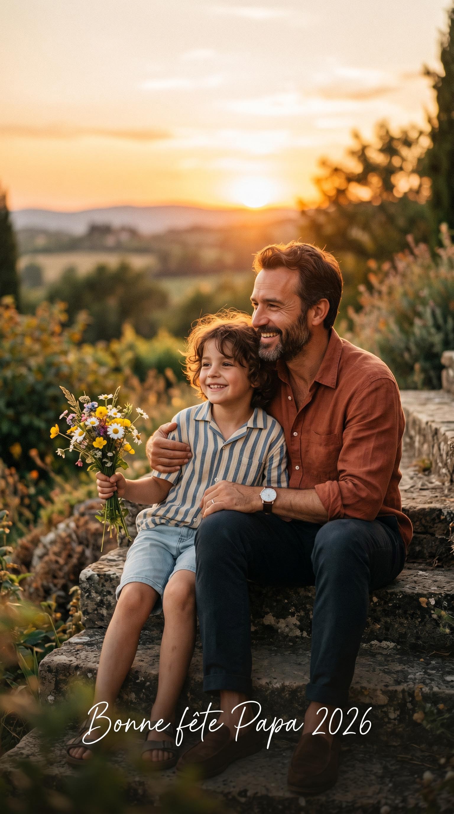 Photo lifestyle d'un père et son enfant au coucher du soleil pour la fête des pères, générée par IA