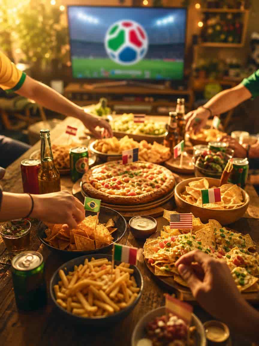 Foto lifestyle de la mesa de hinchas preparada para el Mundial 2026, generada con IA