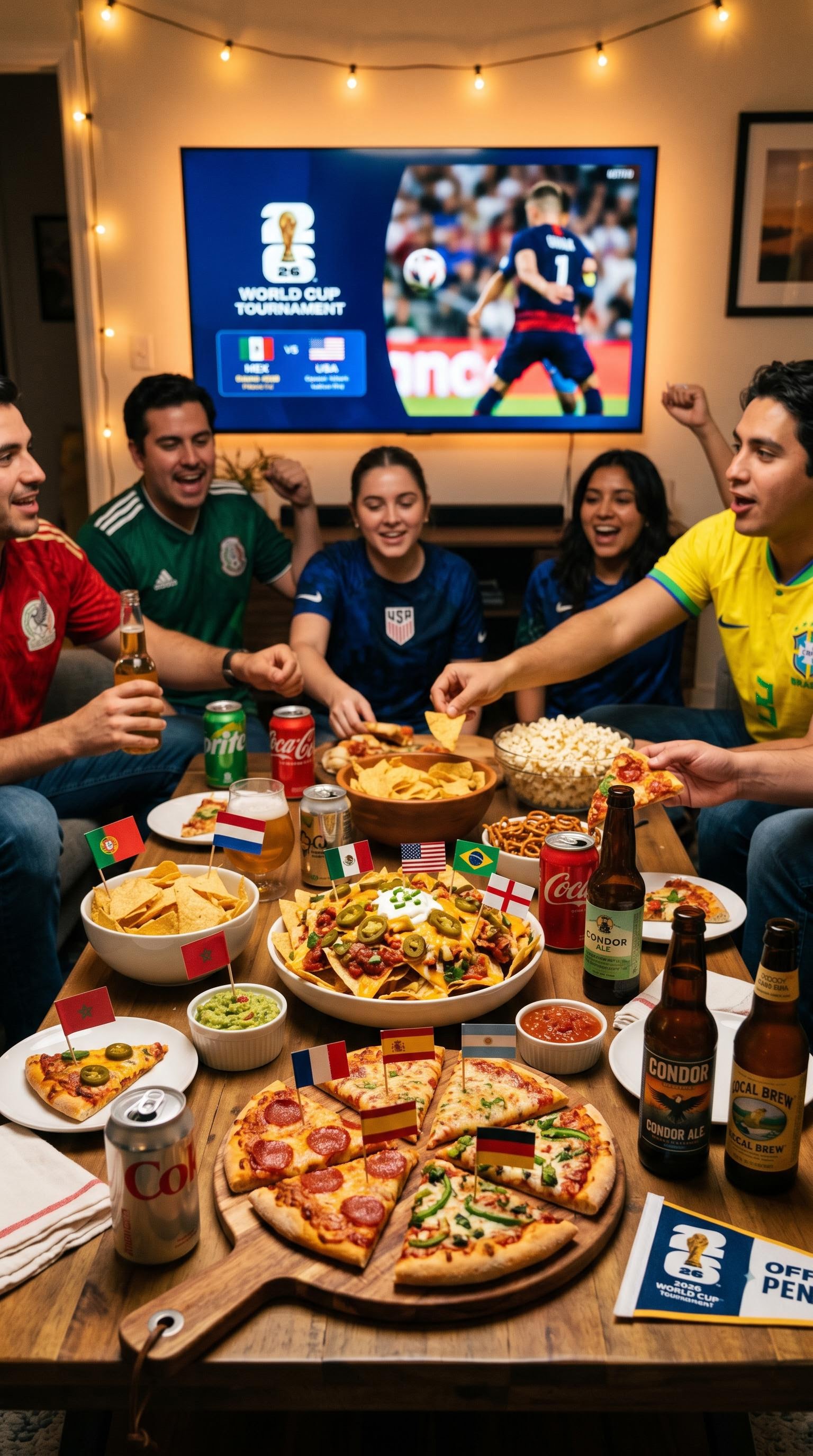 Lifestyle photo of a watch party spread for the World Cup, AI generated