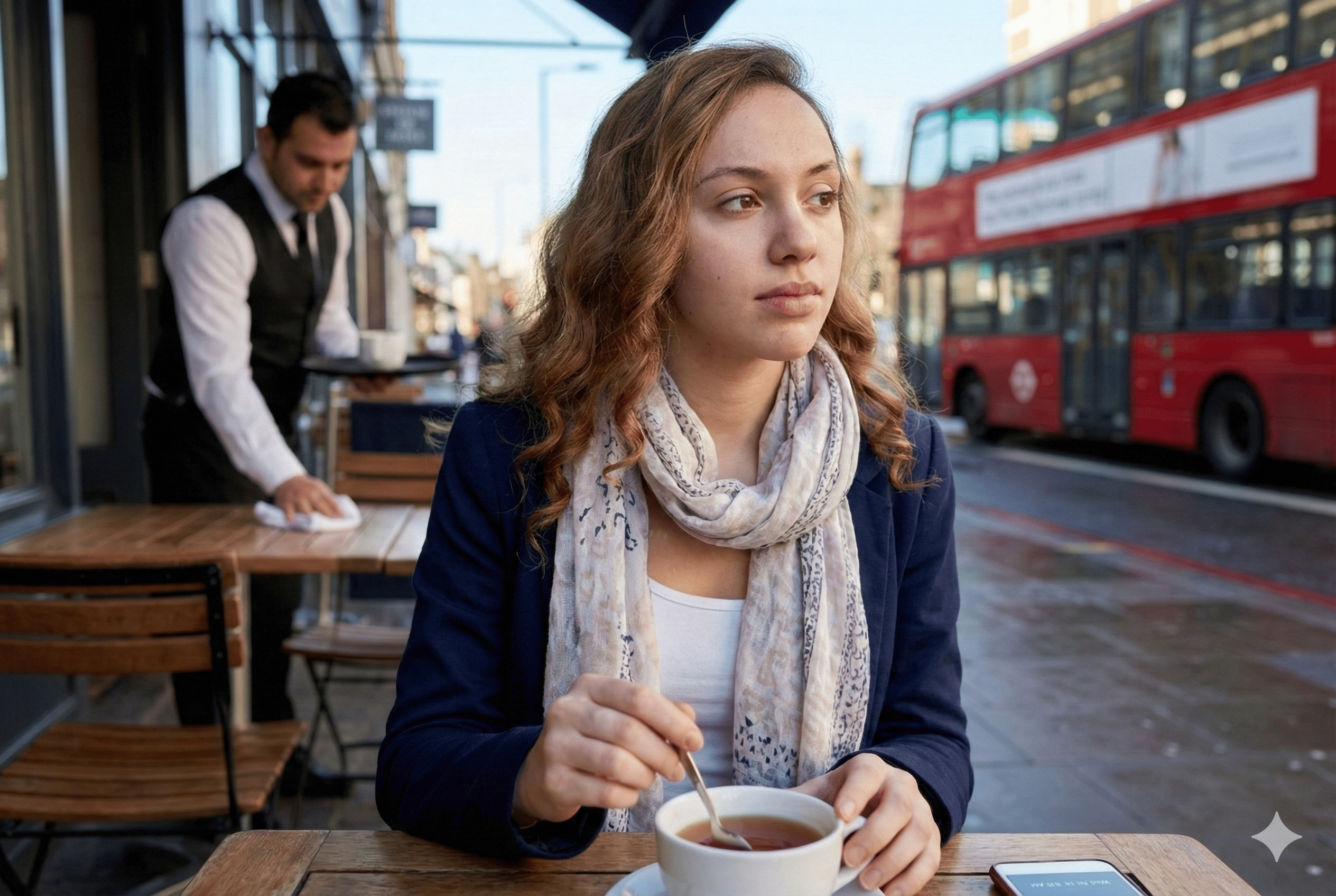 AI generated candid shot at an outdoor London restaurant