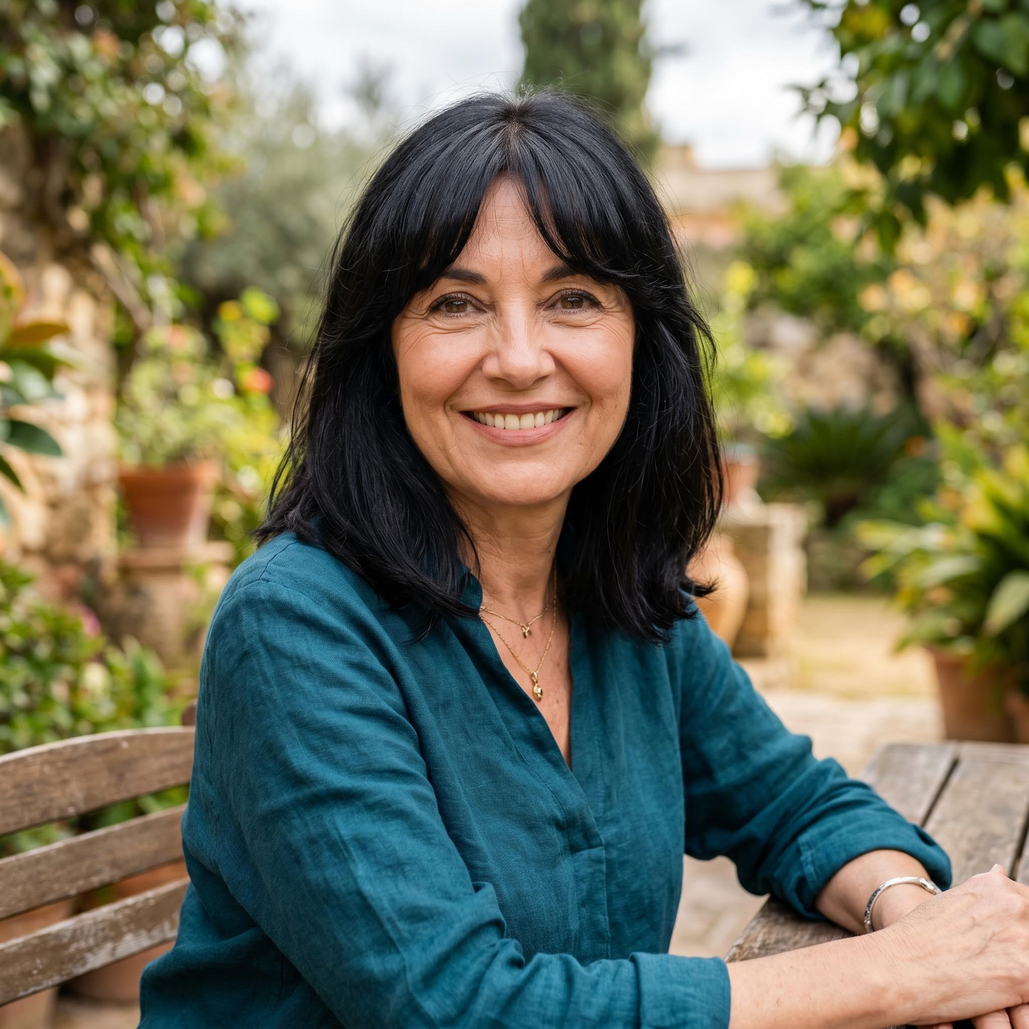 Mujer de unos 60 años con long bob con flequillo cortina