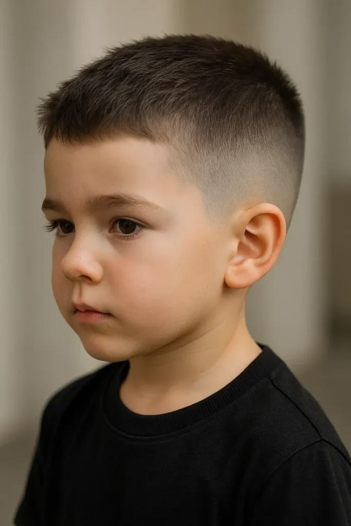 Ein Junge im Profil mit einem sauber geschnittenen Low Fade Cut, bei dem der kurze Übergang tief an den Schläfen ansetzt und das Deckhaar kurz und strukturiert bleibt.