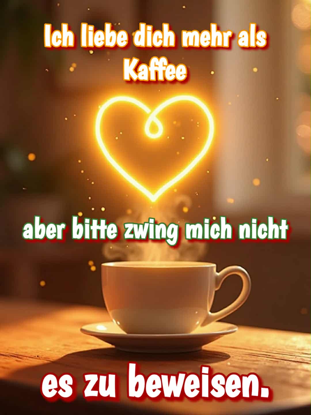 Liebesbild mit Spruch: 'Ich liebe dich mehr als Kaffee, aber bitte zwing mich nicht, es zu beweisen.'