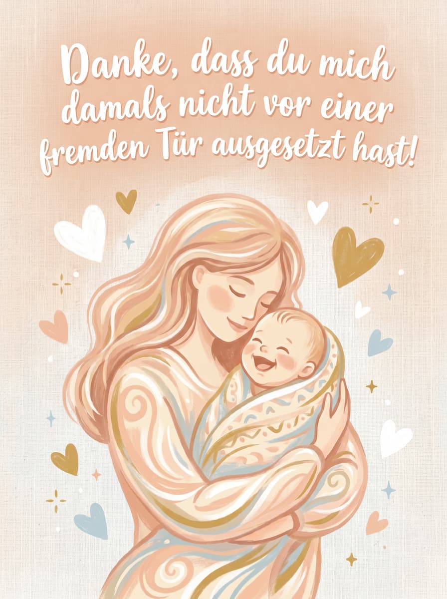 Liebevolle Illustration einer Mutter, die ihr lachendes Baby im Arm hält, mit dem humorvollen Spruch Danke, dass du mich damals nicht vor einer fremden Tür ausgesetzt hast!