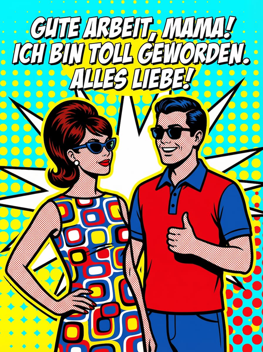 Lustiges Muttertagsbild im Pop-Art-Stil mit einer stolzen Mutter und ihrem Sohn sowie dem Spruch Gute Arbeit, Mama! Ich bin toll geworden. Alles Liebe.