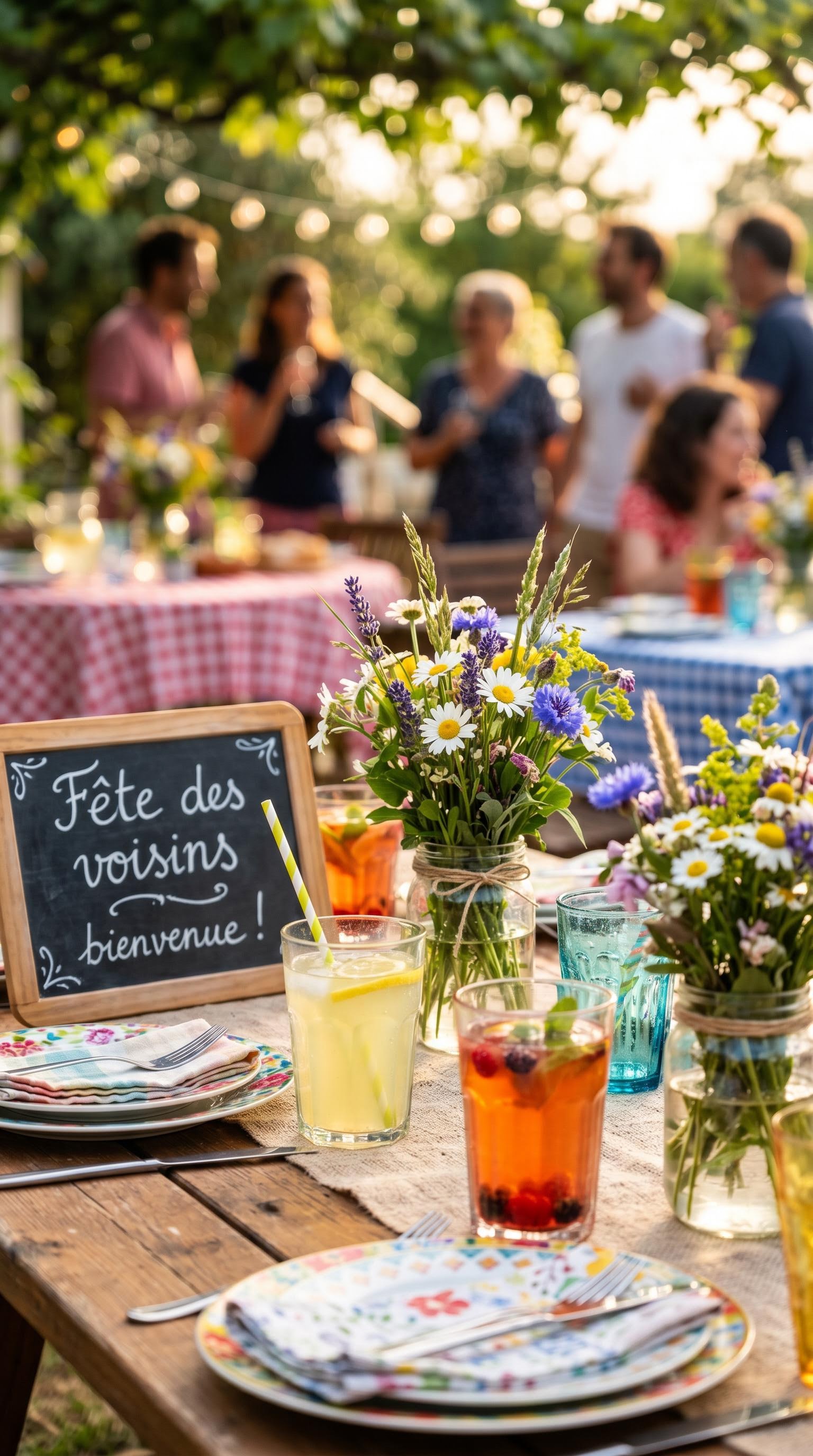 Photo macro d'une table festive pour la fête des voisins, générée par IA
