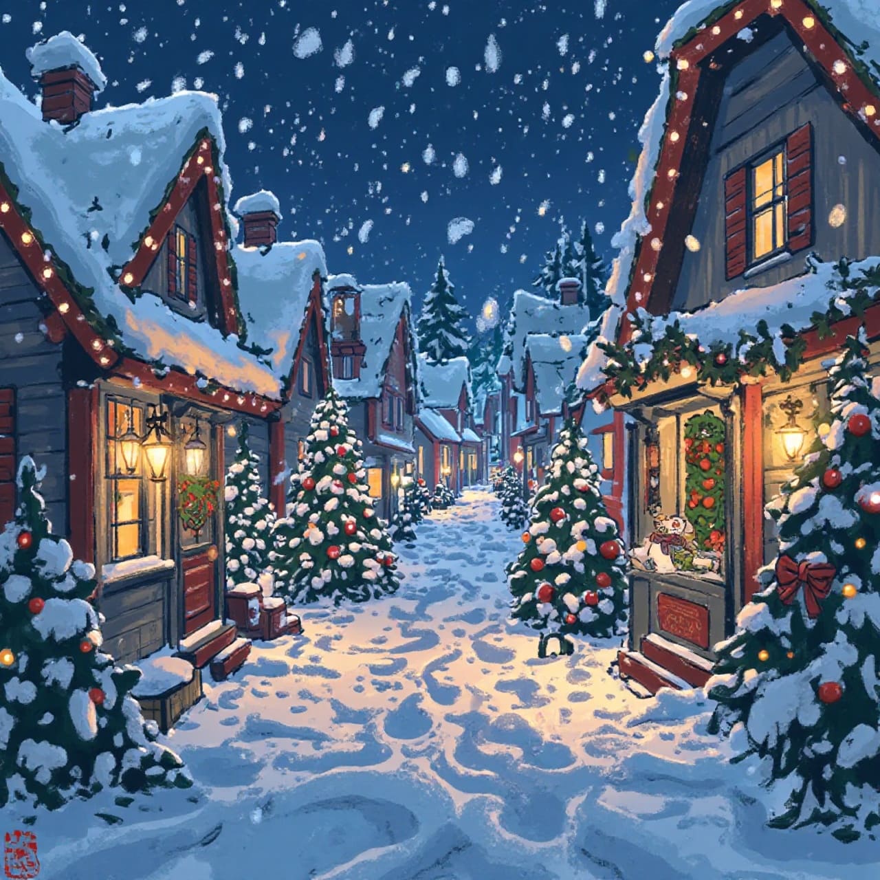 Magical Christmas night scene with glowing lights and snow
