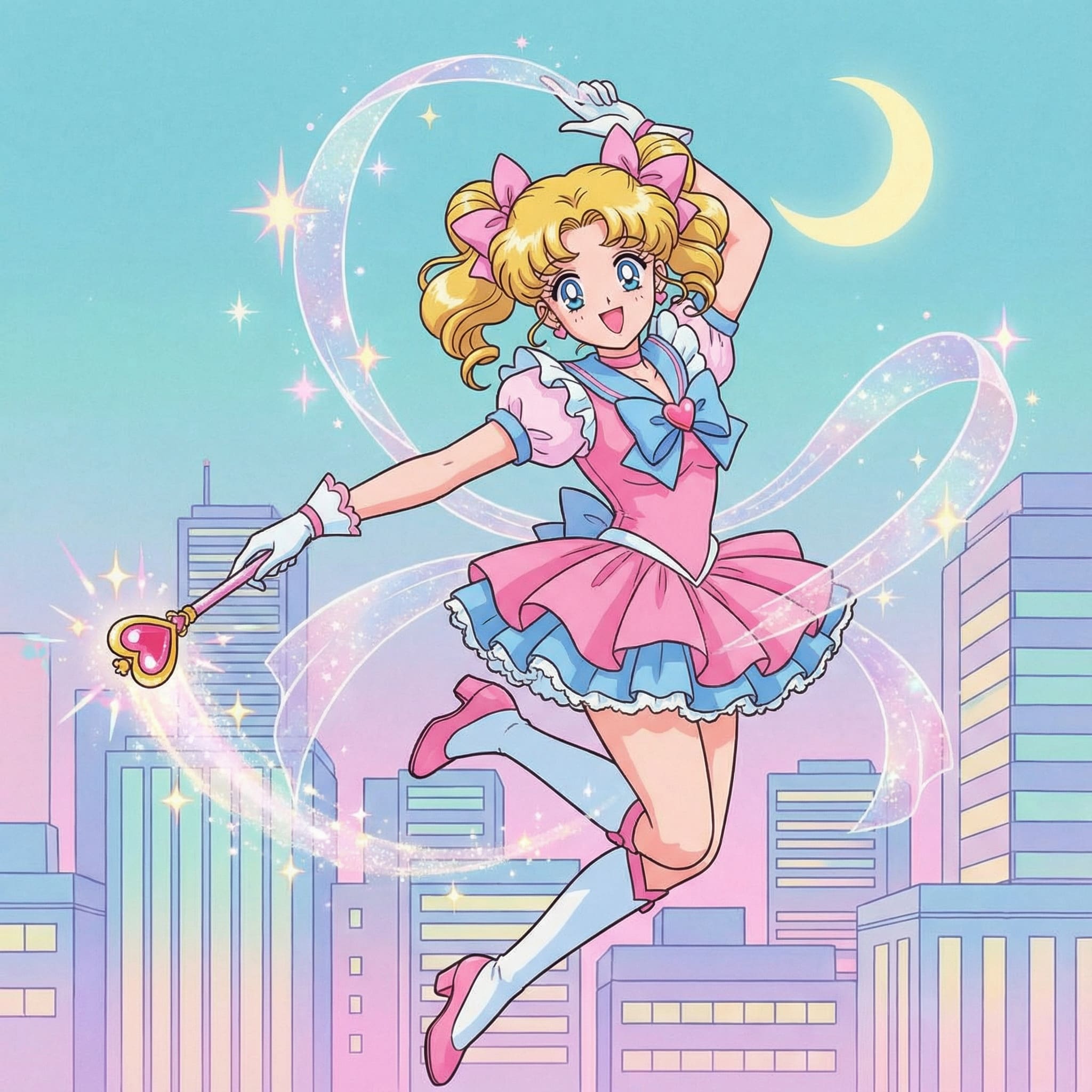 Magical girl with ribbon and wand AI-generated illustration