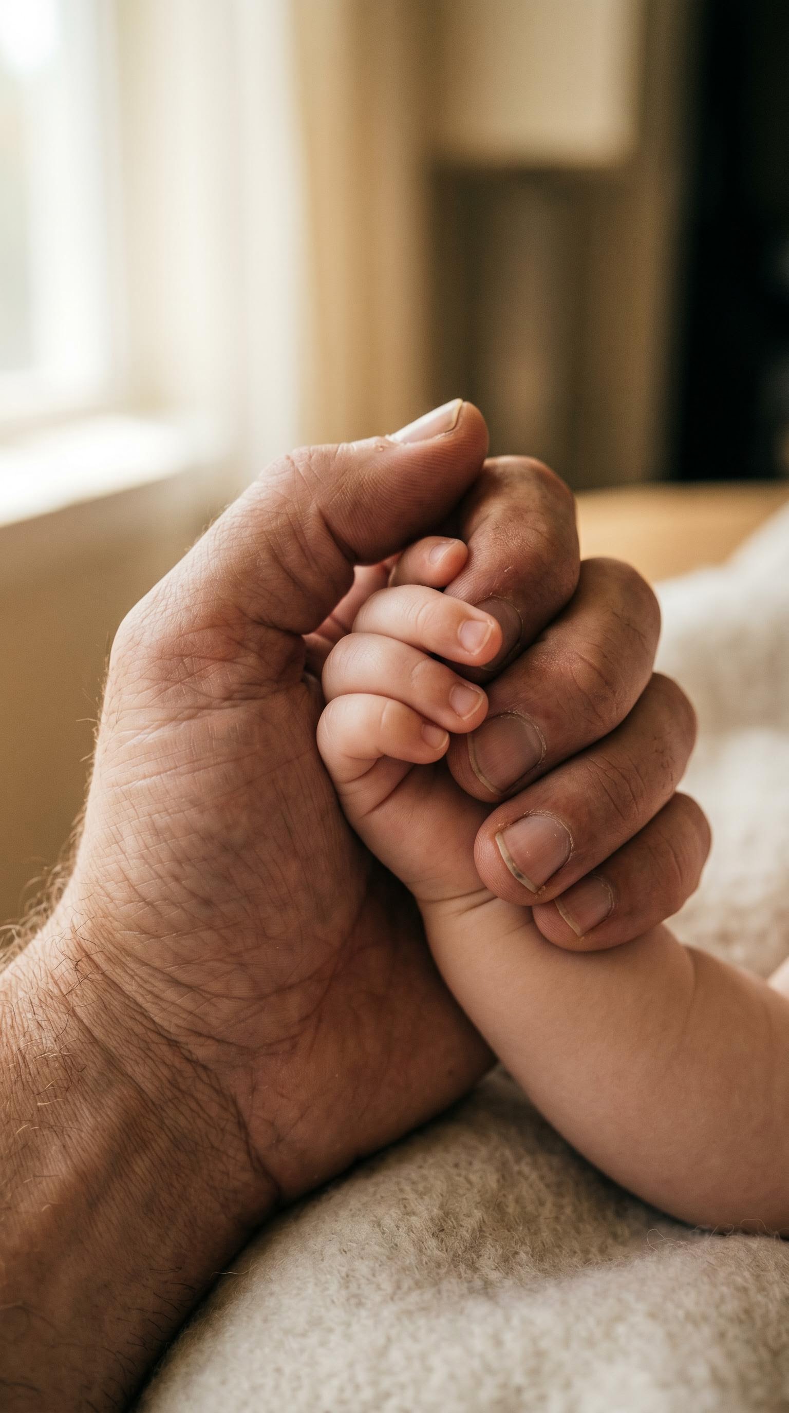 Photo macro des mains d'un père et son enfant pour la fête des pères, générée par IA