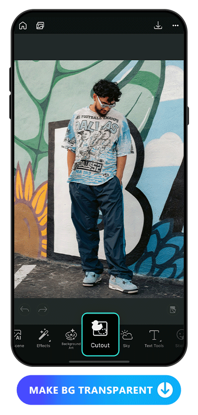 demonstrate how to make a man standing in front of a graffiti photo background transparent with PhotoDirector with Cutout UI
