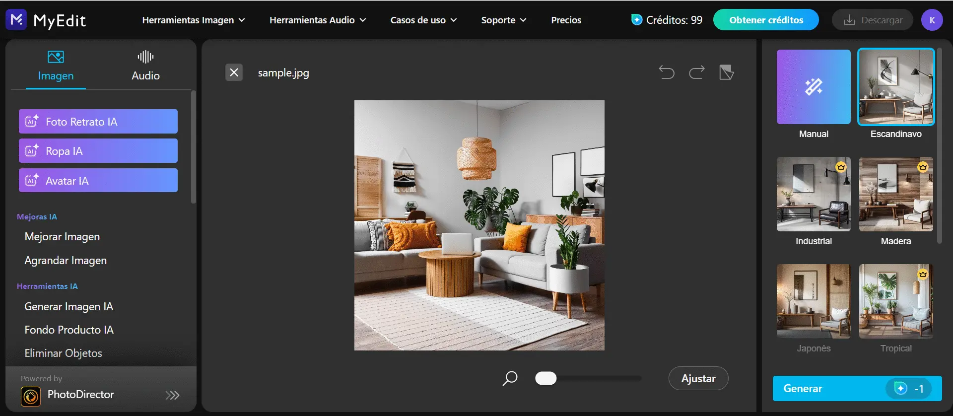 Interfaz de la herramienta Diseño interior IA de MyEdit