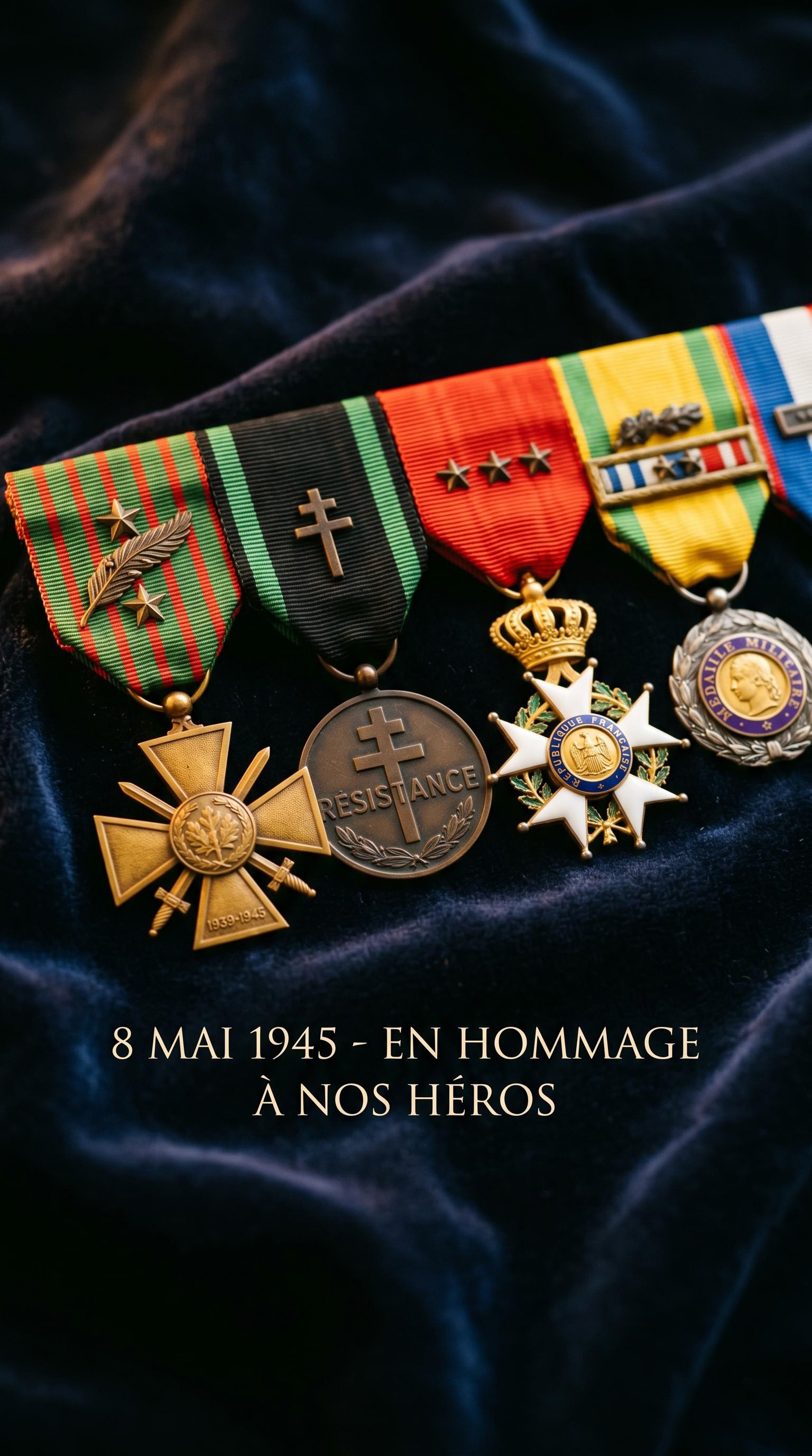 Composition de médailles militaires pour le 8 mai 1945, générée par IA