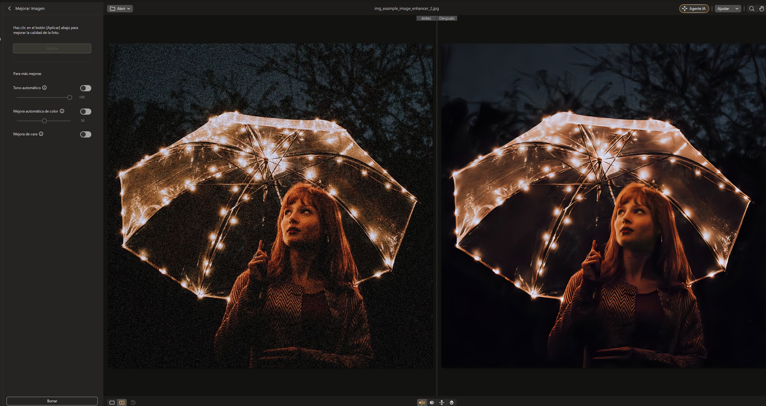 Interfaz de Mejora Imagen IA de PhotoDirector mostrando una foto antes y después de la optimización automática
