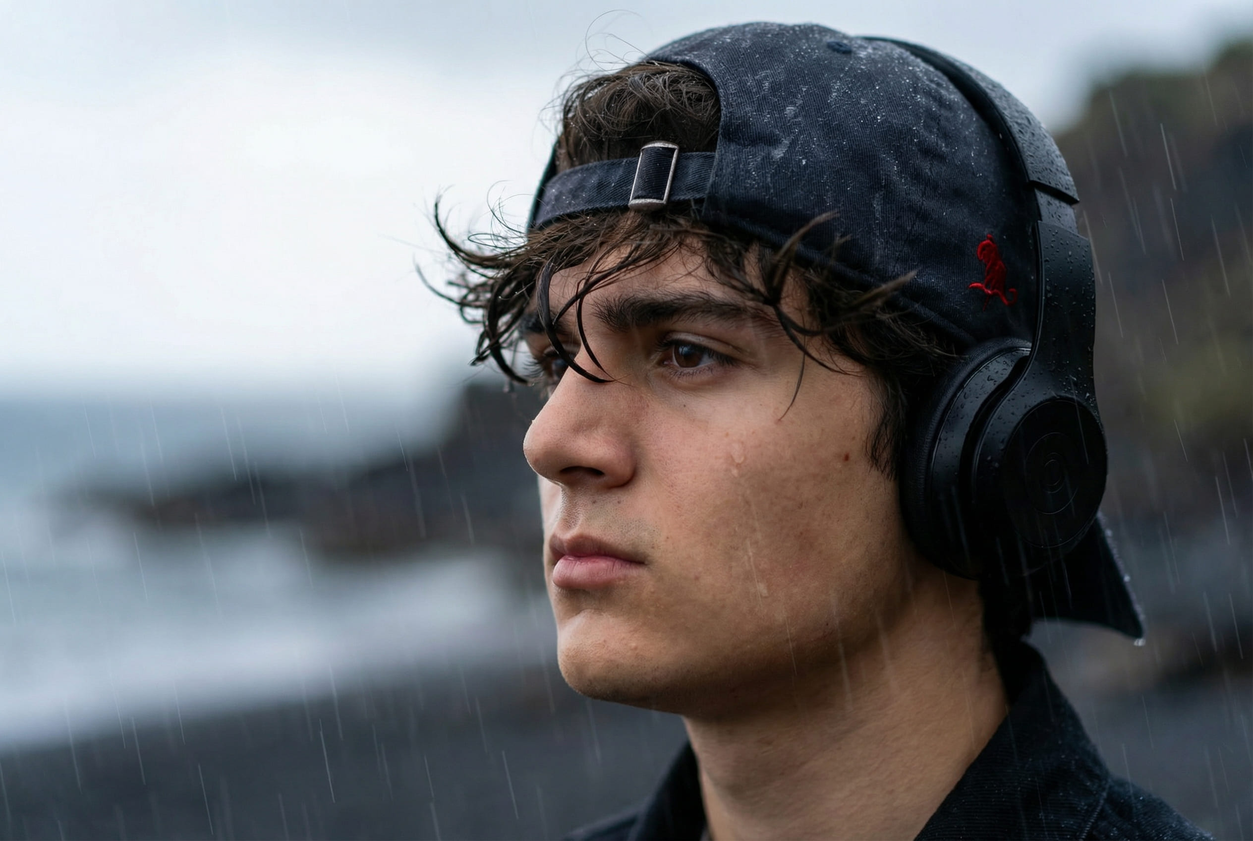 Melancholic profile shot in the rain