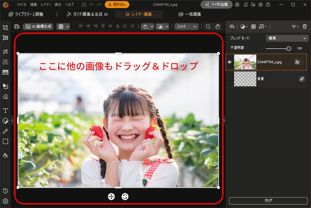 PhotoDirector で新しい画像をレイヤーとして追加する画面