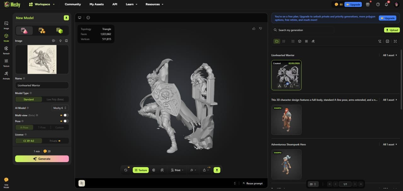 Meshy AI 3D model generation interface