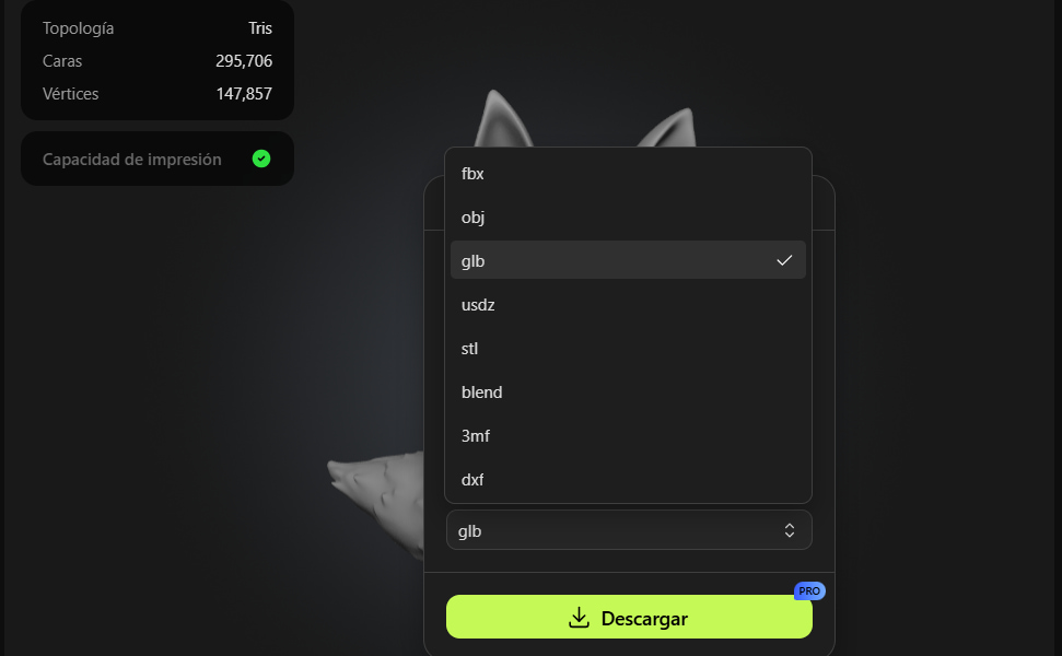 Opciones de descarga de modelo 3D en Meshy AI