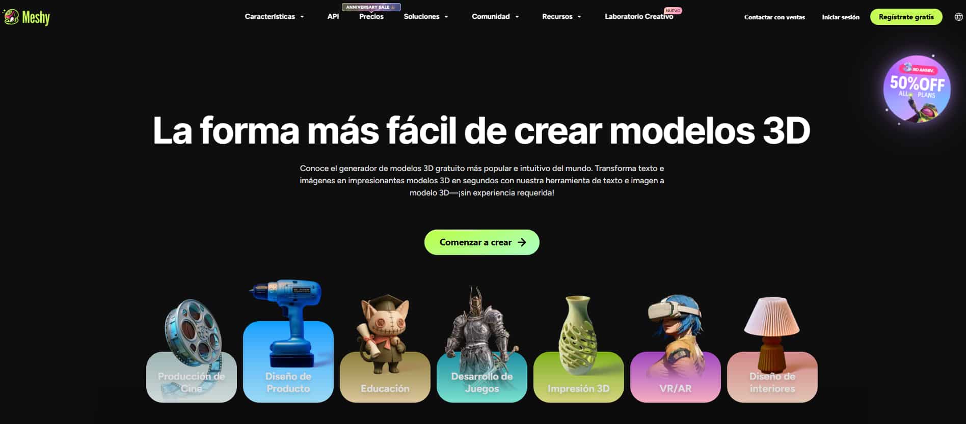 Interfaz principal de Meshy AI mostrando las opciones de generación 3D