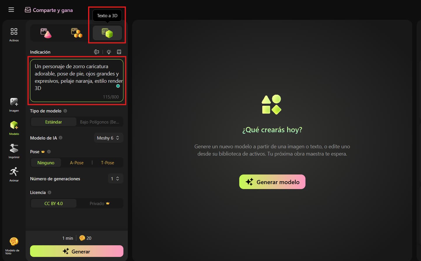 Escribiendo un prompt en Meshy AI para generar modelo 3D
