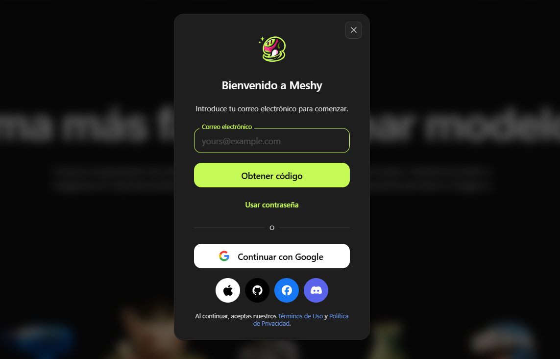 Pantalla de registro de Meshy AI