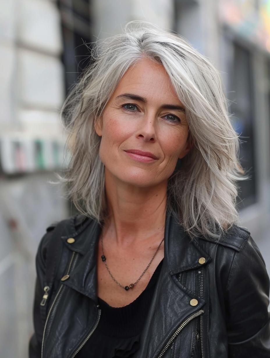 Femme avec cheveux gris mi-longs dégradés, volume et mouvement doux, assise en terrasse de café, lumière naturelle, portrait lifestyle réaliste