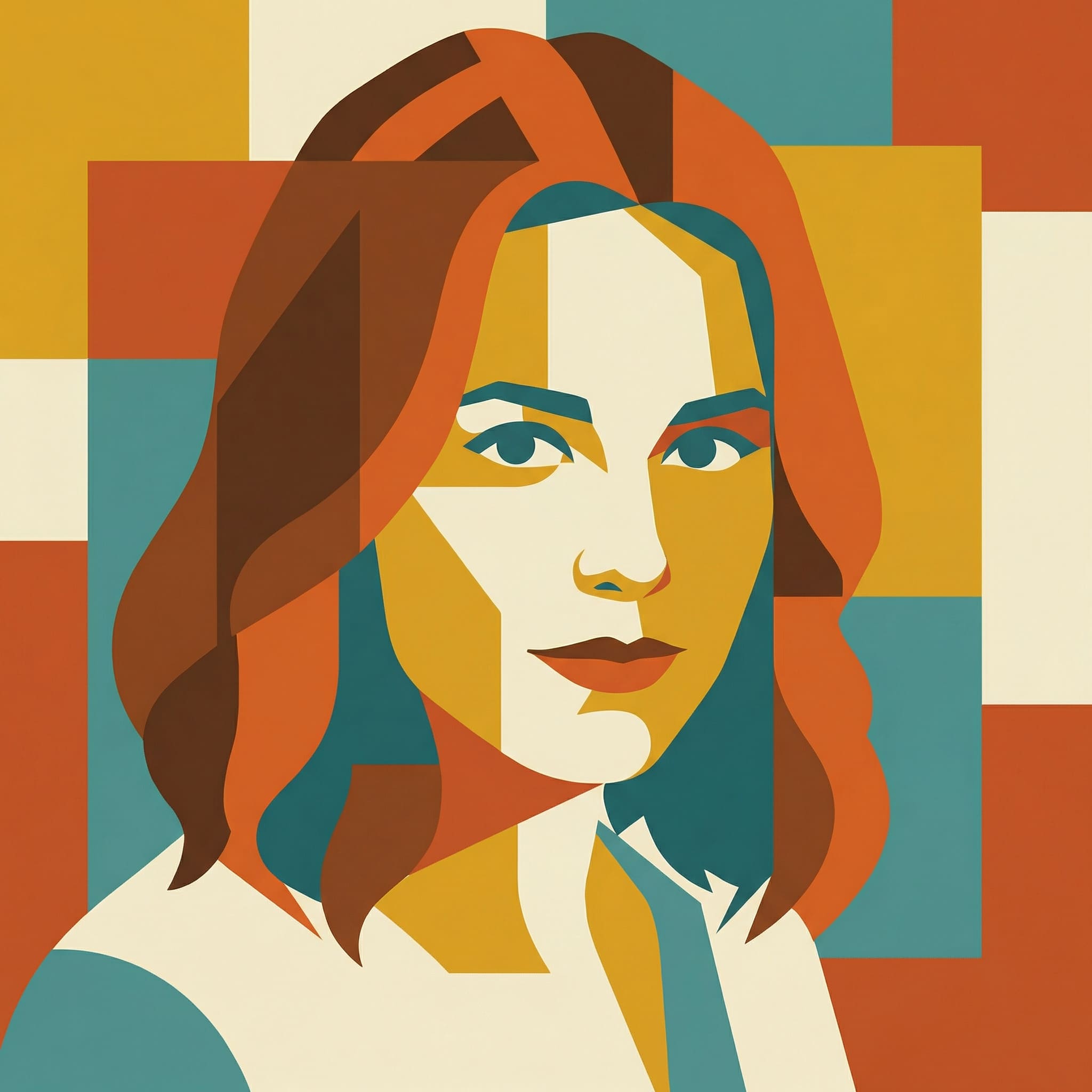 Portrait turned into mid-century modern geometric color block illustration
