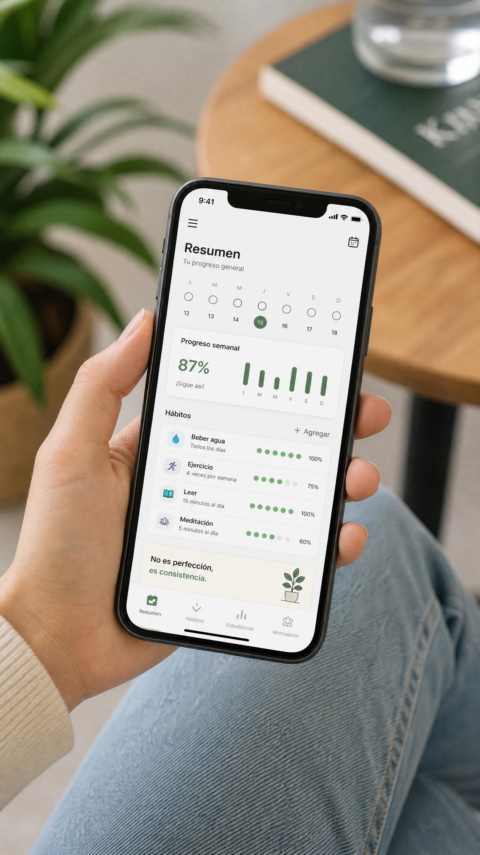 Mockup de teléfono con app de hábitos generado con un prompt para Grok