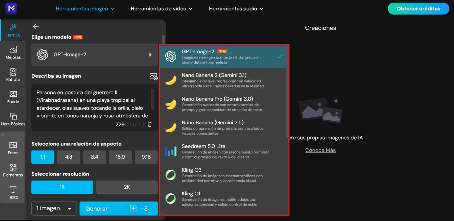 Interfaz del generador de imágenes IA de MyEdit para crear imágenes de yoga