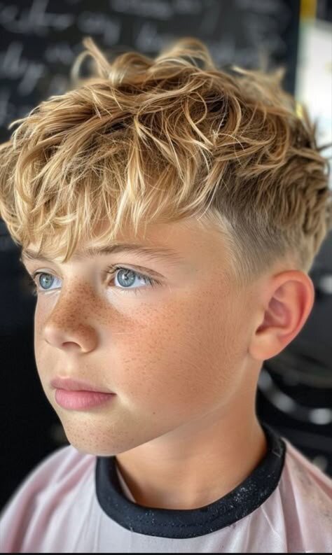 Ein blonder Junge mit Sommersprossen und einer modernen Textured Crop Frisur mit kurzem Übergang an den Seiten und strukturiertem, fransigem Pony.