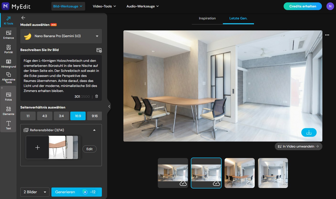 Benutzeroberfläche von MyEdit: Ein KI-generiertes Arbeitszimmer, bei dem ein L-förmiger Holzschreibtisch und moderne Bürostühle basierend auf Referenzbildern und einem deutschen Text-Prompt passgenau in einen leeren Raum eingefügt wurden.
