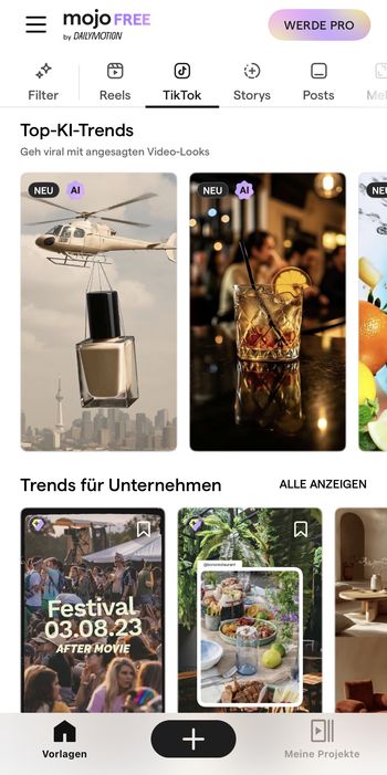 Mojo Videobearbeitungs-App Oberfläche