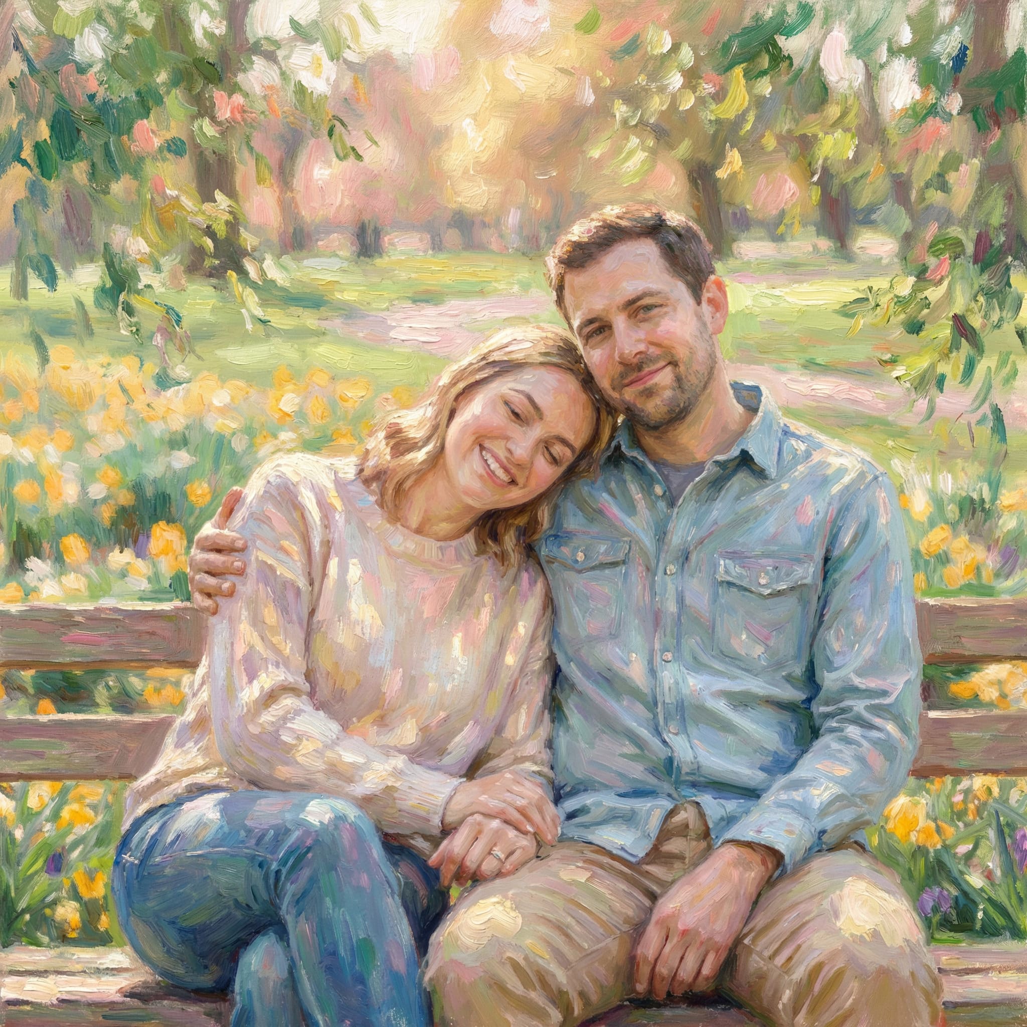 Couple photo transformed into Monet style impressionist garden painting