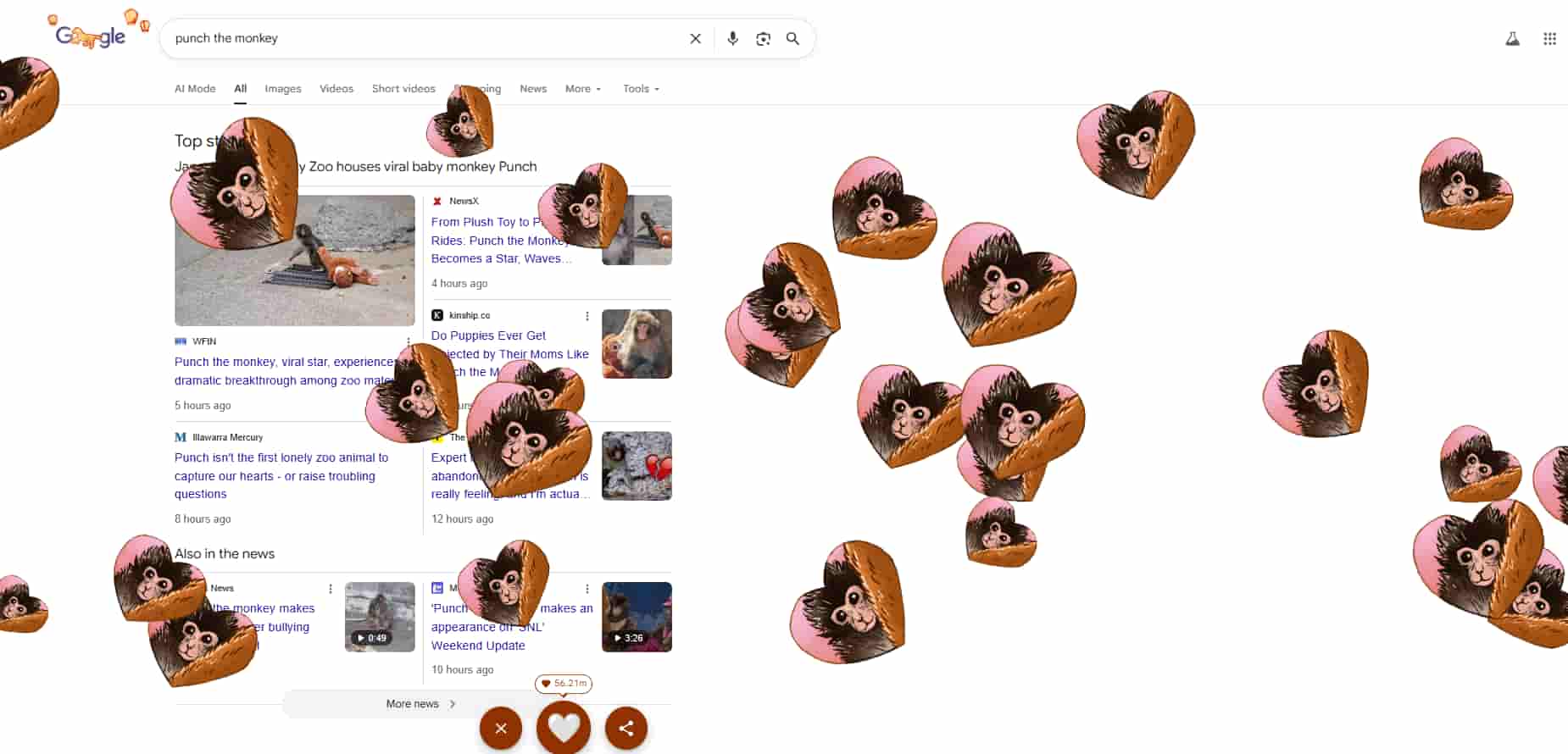 Captura de pantalla del easter egg que aparece al escribir Punch the monkey en Google