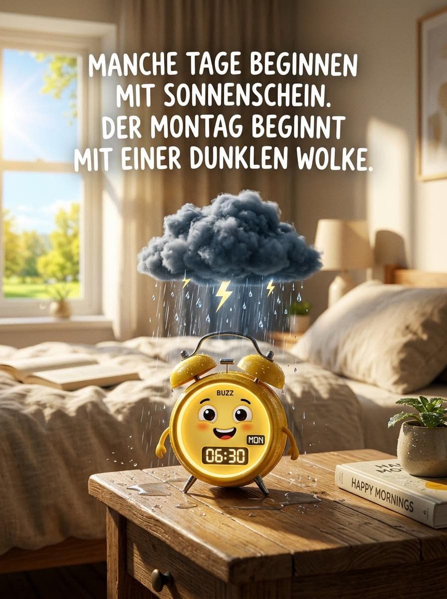 Ein niedlicher gelber Zeichentrick-Wecker auf einem Nachttisch im Schlafzimmer unter einer kleinen Gewitterwolke mit Blitzen und Regen sowie dem fehlerfreien Text Manche Tage beginnen mit Sonnenschein. Der Montag beginnt mit einer dunklen Wolke.
