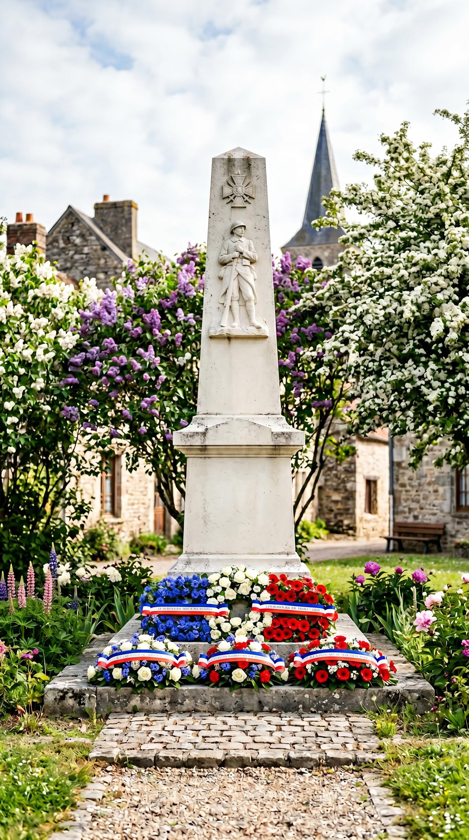 Monument aux morts avec couronnes de fleurs pour le 8 mai, généré par IA