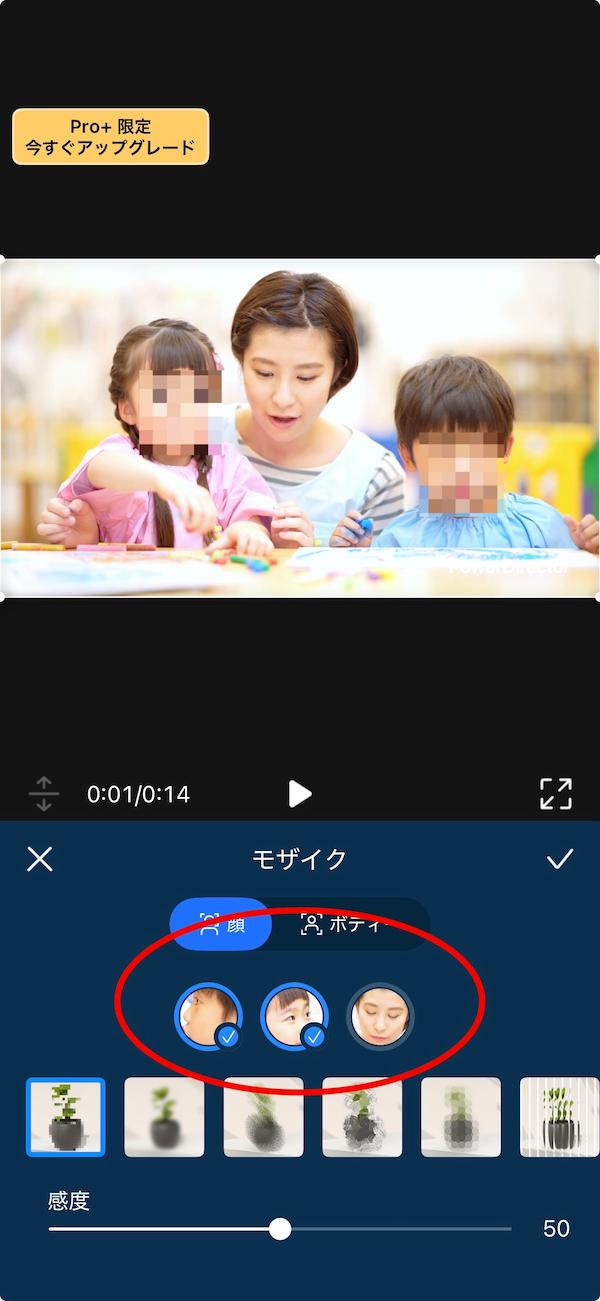 検出された顔の中からモザイクを入れる顔を選択する画面