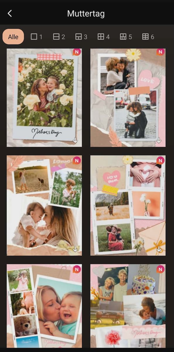 Screenshot der PhotoDirector-App mit einer Übersicht verschiedener Muttertags-Collage-Vorlagen im Polaroid- und Scrapbook-Stil.