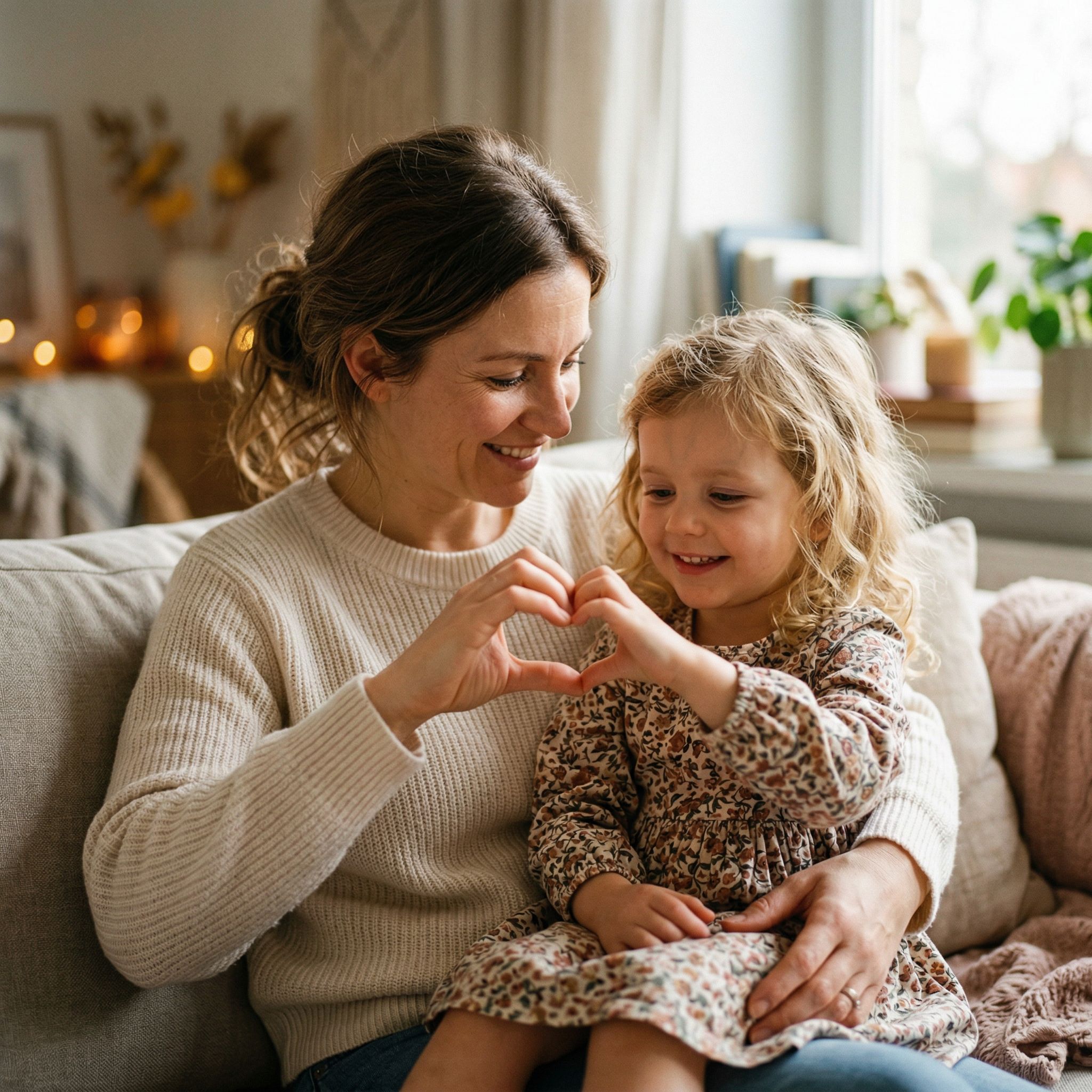 KI-generiertes Bild zum Muttertag, Mutter und Kind formen die Hände zu einem Herz