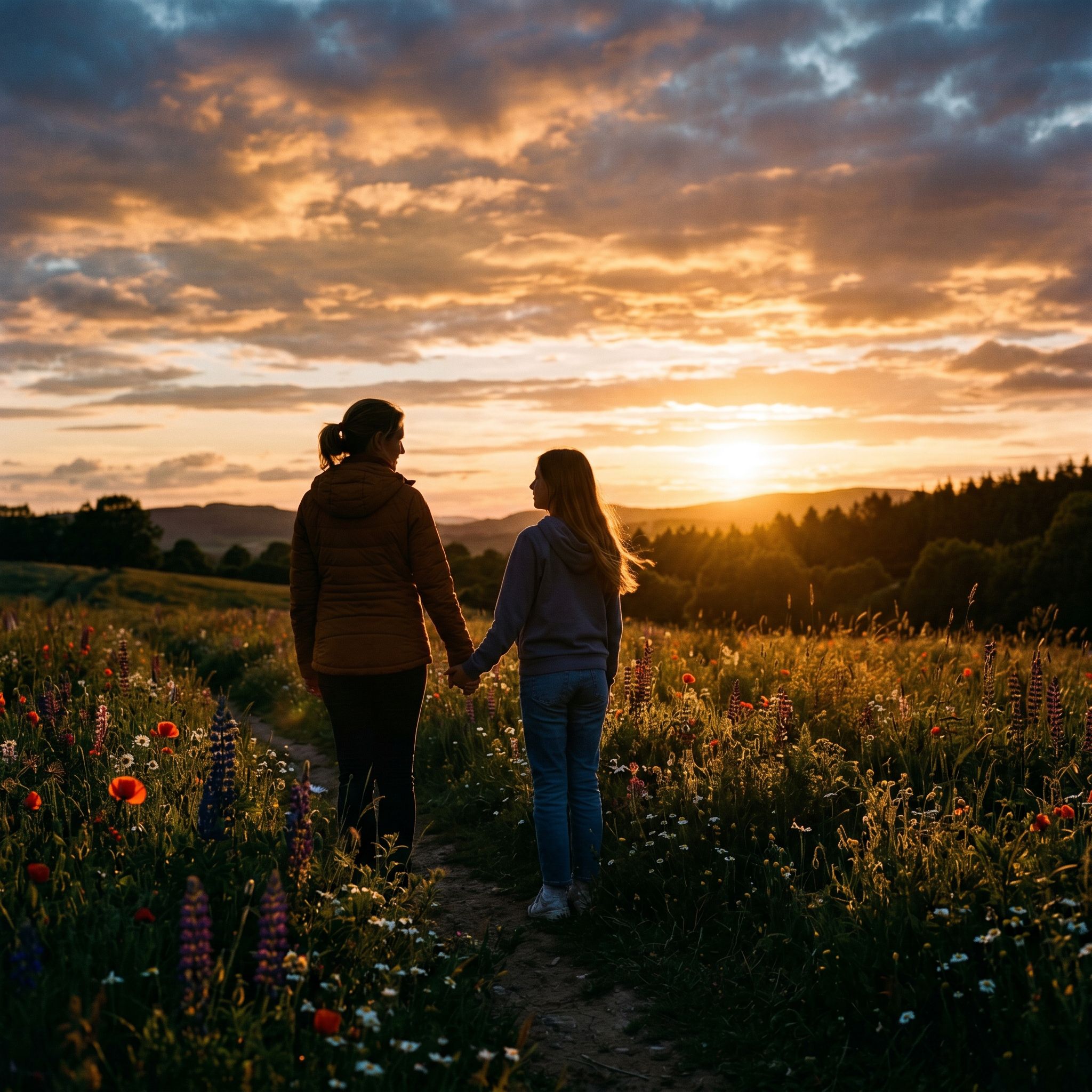 Mutter und Tochter auf einer Wiese bei Sonnenuntergang