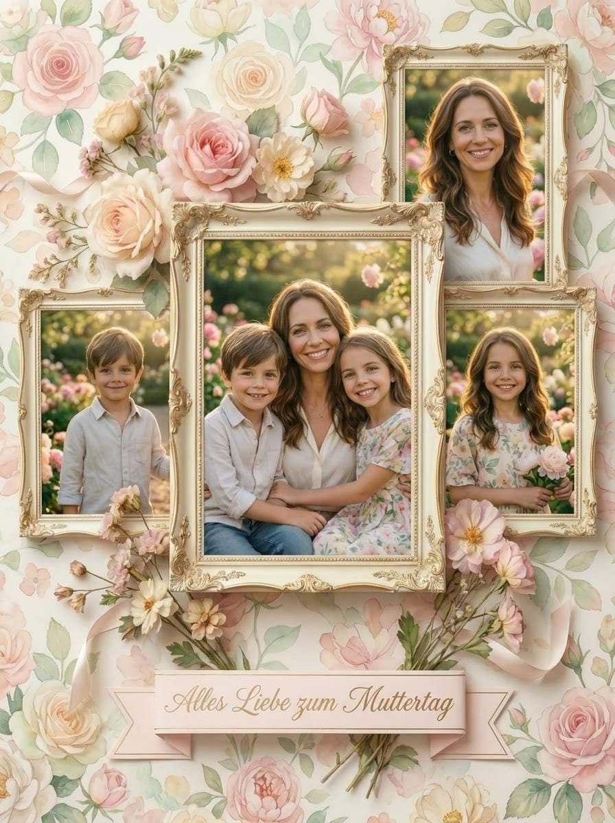 Künstlerische Muttertags-Collage mit Rahmen im Scrapbook-Stil, Familienporträts und floralem Hintergrund.